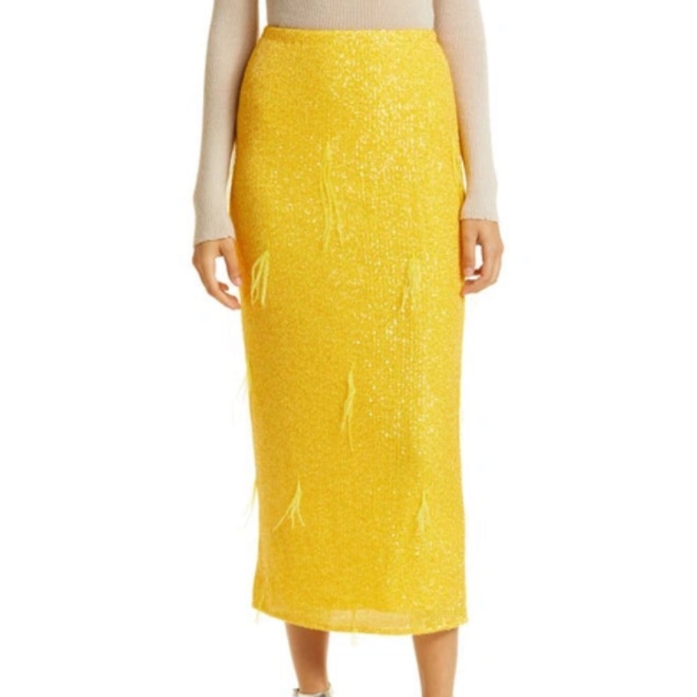 Ronny Kobo Yellow Sequin with Feather Detail Midi Skirt Sz Small